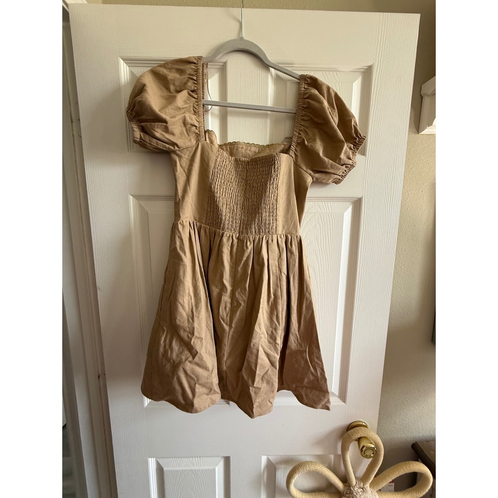 Tan‎ Cottagecore Puff Sleeve Mini Dress Square Neck Smocked Back Lace Trim Brown